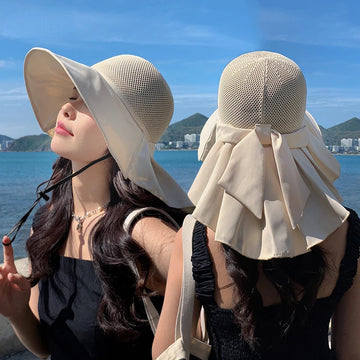 帽子女Summer Women Bucket Hat with Shawl Lightweight Breathable Mesh Face Neck Protection Sun Hat Bow Pleat  Beach Cap Design Travel