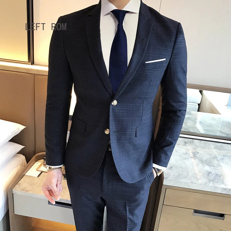 礼服男Jacket + Pants / Fashion Boutique Plaid Formal Business Mens Slim Suit 2 Pcs Set Groom Wedding Dress Blazer and Pants