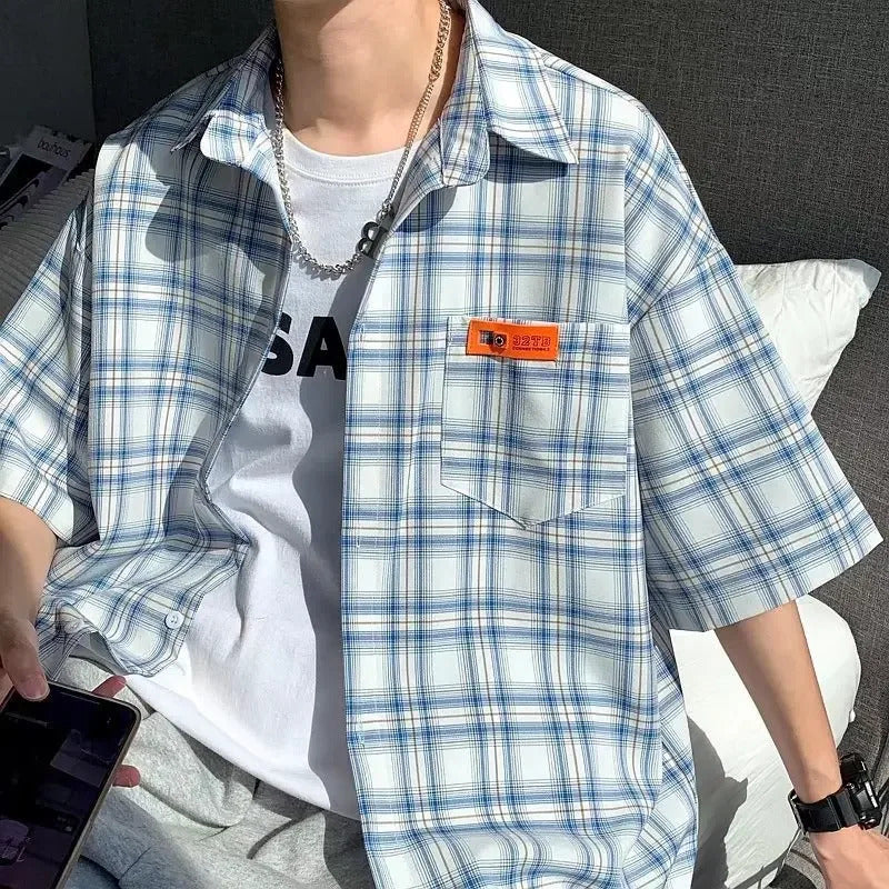 衬衫男Casual Plaid Shirt Men's Short Sleeves New Model Trendy Brand Clothing Spring Autumn Season Cross-border Japanese Style