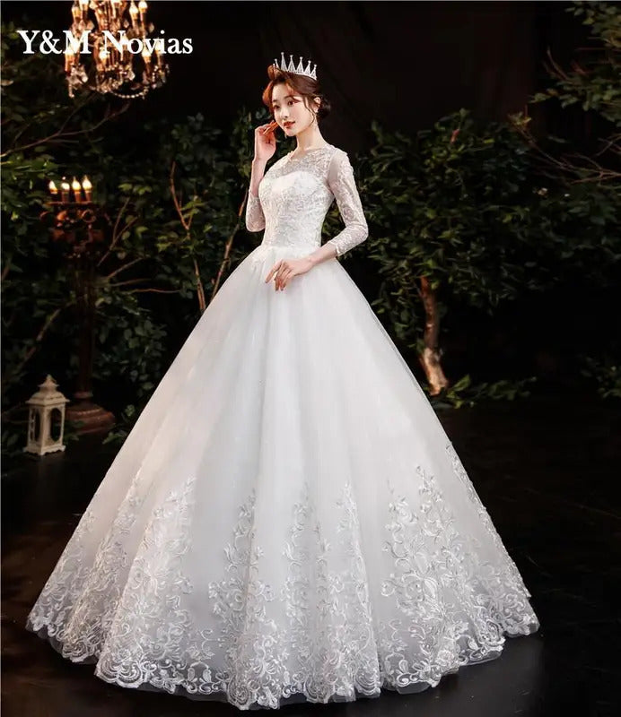 礼服女Y&M Novias Elegant White Wedding Dresses Three Quarter Muslin Lace Embroidery Bridal Gown Customized Plus Size Vestido De Noiva