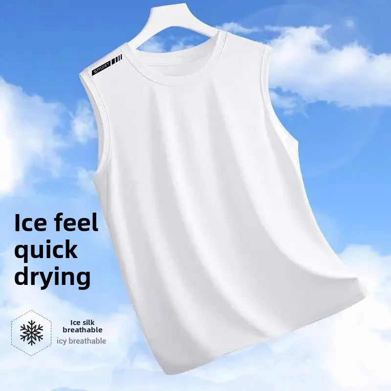 男士背心Summer Ice Silk Quick Dry Sleeveless T-Shirt Men's Sport Top Loose Running Short Sleeve Training Fitness Vest Casual Wear