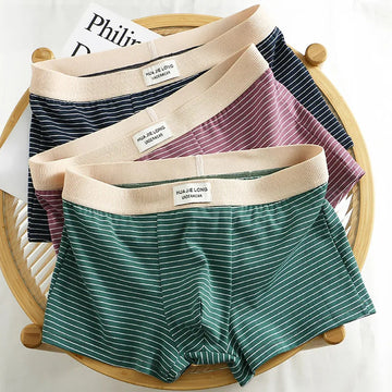 内衣男3PCS/Pack 100% Cotton Trendy Striped Mens Boxer Underwear Double-layer Big U Crotch Underpants High Elastic Widen Men's Panties