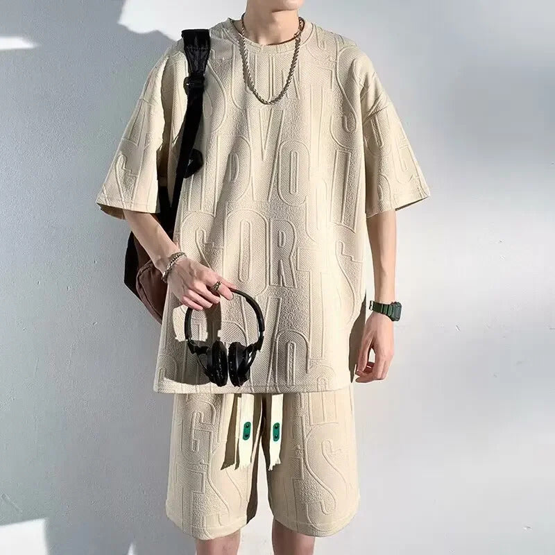 男士套装Summer Casual Men's Loose-Fit 2-Piece Set Hong Kong Style Short Sleeve T-Shirt Shorts Solid Color 2-Piece Set