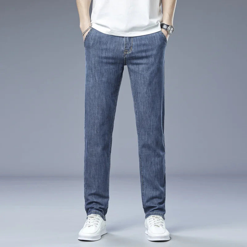 牛仔裤男Trendy Men Jeans Elastic Loose Soft Ice Silk Slim Fit Straight Cylinder Pure Color Casual Long Pants