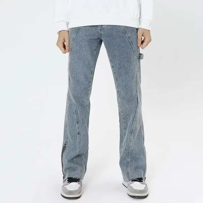 牛仔裤男American Style High Street Vibe Zippered Side Slit Men's Jeans Loose Fit Straight Leg Micro Flared Trousers Trendy Brand