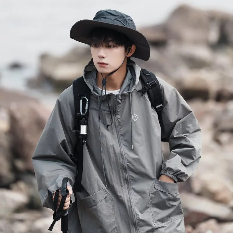 防晒衣男2024 Men's Summer Thin Hooded Jacket American Style Outdoor Casual Sun Protection Clothing Loose Fit Business Blazer