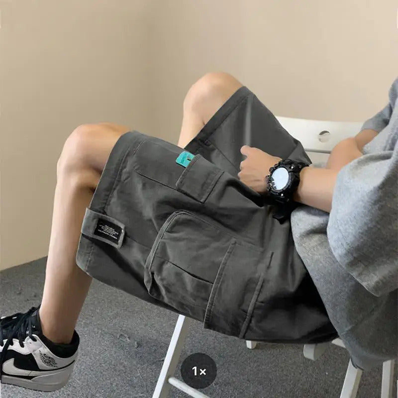 短裤男Streetwear Men Women Cargo Shorts American Casual Large Pockets BF Wide Leg Pants Five-points Loose-fit Drawstring Sweatpants