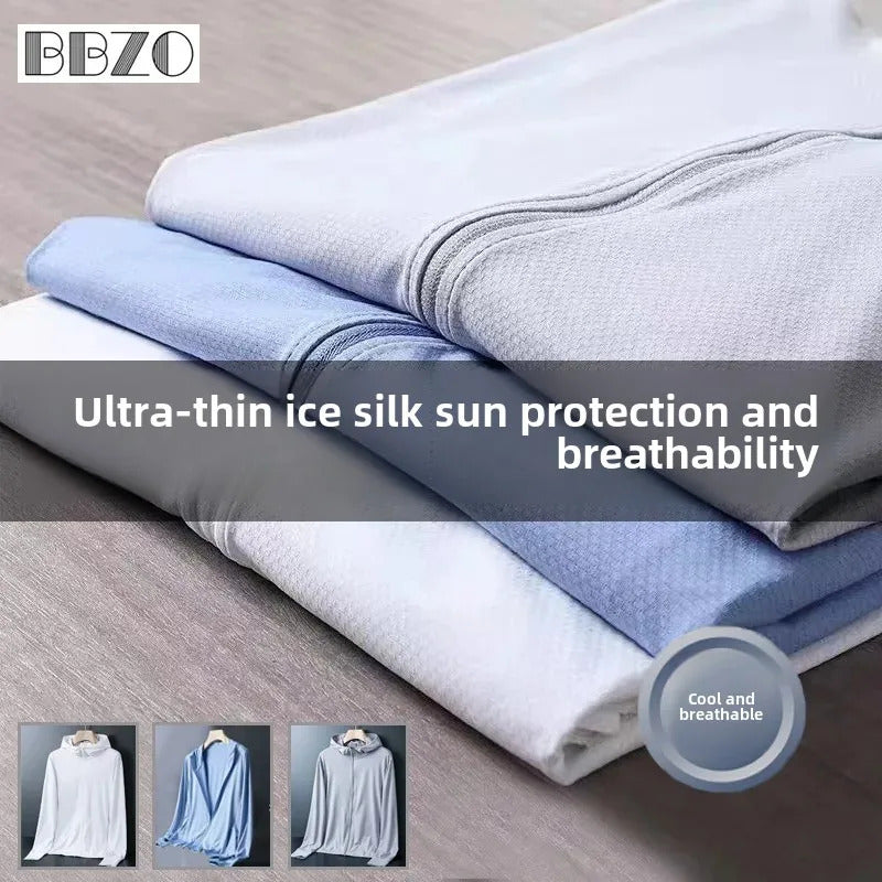 防晒衣男Summer Men's Trendy Ice Silk Sun Protection Thin Outdoor Quick Dry Hooded Jacket Solid Color Simple Casual Loose Clothing