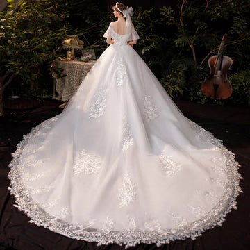 礼服女Y&M Novias New Luxury Long Lace Wedding Dresses Applique Short Sleeve Train princess Embroidery Bride Dress Customized Plus Size