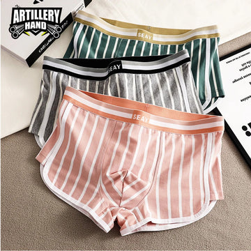 内衣男3PCS/Pack 100% Cotton Breathable Big U Mesh Crotch Men's Panties Trendy Striped Mens Underwear High Elastic Waist Underpants
