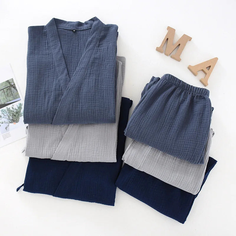 睡衣男2025 Japanese Kimono Set 100%Cotton Pajamas Two-piece Couple Yukata Loose Men's And Women's Sweat Steaming Suit Home Service Set