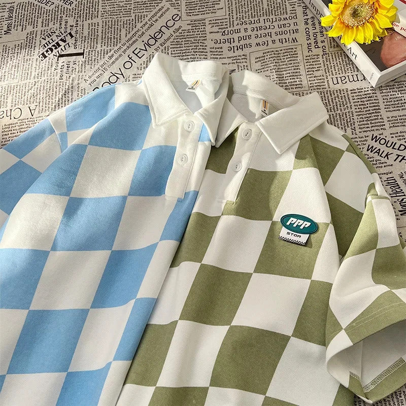 POLO男Vintage Preppy Style American Fashion Polo Shirt Men's Half Sleeve Casual Lapel Checkered Pattern T-shirt For Summer