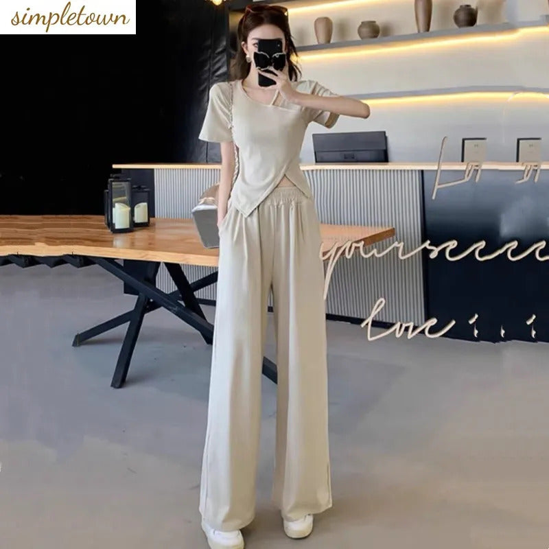商务装女Summer new high-end niche irregular fashion suit loose high waist slim fit fashionable wide leg pants two-piece set