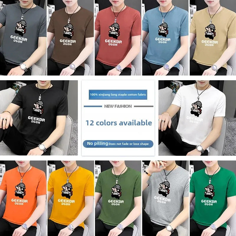 T恤男2024 New Summer Half Sleeve Pure Cotton T-Shirt Men's Round Neck Top Cartoon Printing Full Cotton Body Tshirt