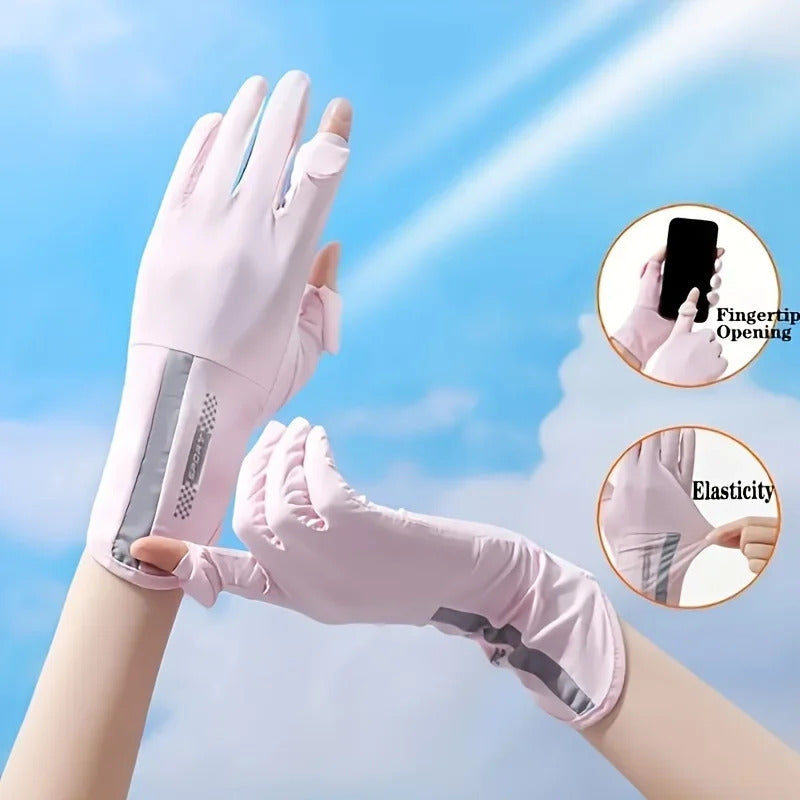 防晒手套女Ice Silk Cool Sunscreen Gloves for Women Outdoor Sports Cycling Uv Anti-Slip Breathable Thin Elastic Open Finger Touch Screen