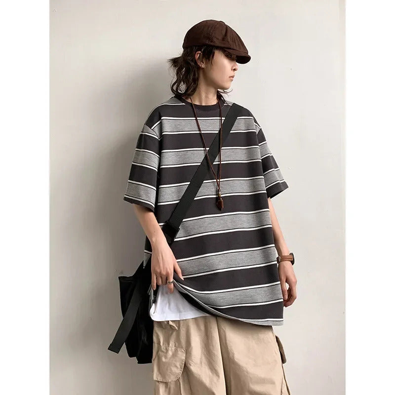 T恤男Japanese Striped Breathable Short Sleeve T-Shirt Men's Trendy Brand Summer New Round Neck Loose-Fit Couples Half Sleeve Body Top