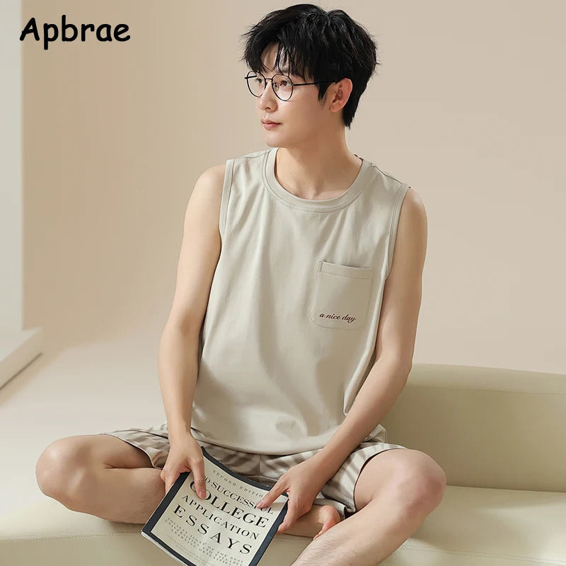 睡衣男Sleeveless Men Pajamas Summer Faux Cotton Pajama Sets for Man Cartoon Pjs Fashion Soft Sleepwear Fashion Vest Nightwear