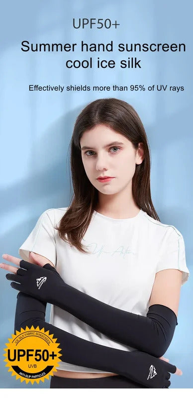 防晒手套女Outdoor  Quick-drying Sweat-absorbent Summer UV Sunscreen Elastic Half Finger Anti-Sunburn Cool Ice Silk Long Sleeves Arm Sleeve