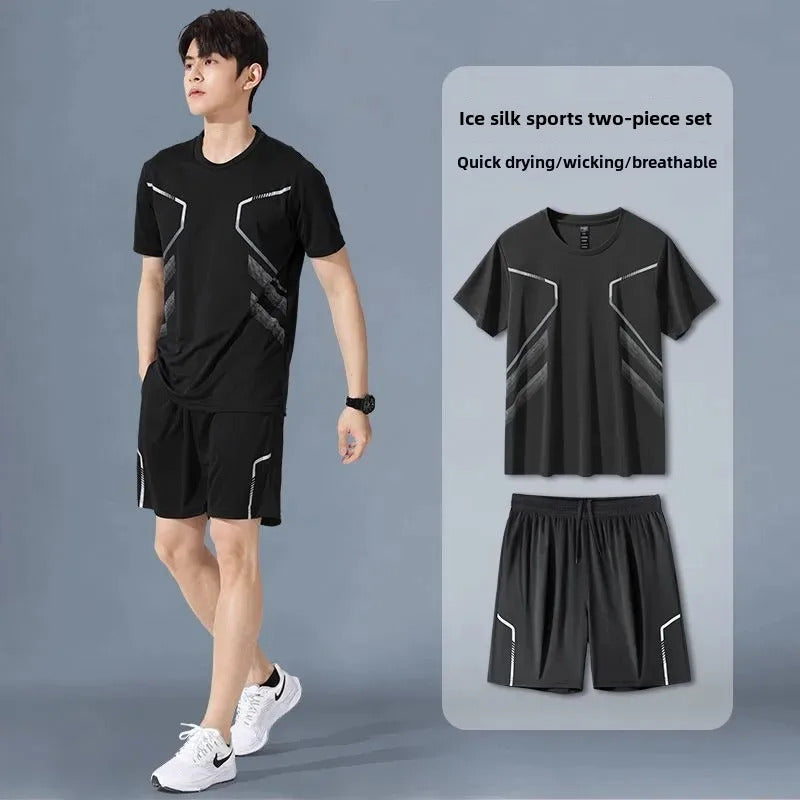 男士套装Men's Cross-Border Sports Suit Summer Running Short Sleeves Quick Dry Outdoor Casual Basketball Fitness Training Shorts Wholesal