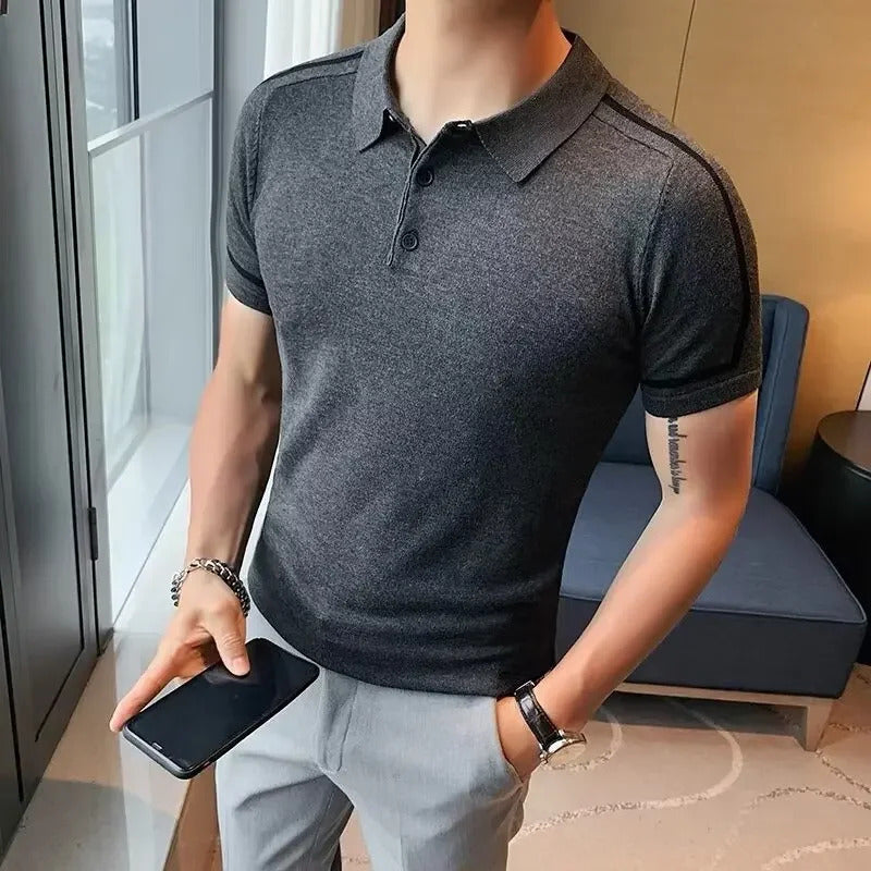 POLO男Summer New Men's Dark Stripe Ice Silk Polo Shirt Young Sports Fitness Quick Dry T-shirt Office Lapel Clothing