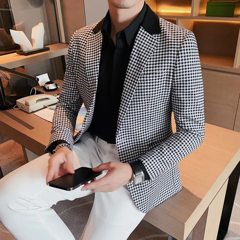 商务装男2024 Autumn Winter Korean  Houndstooth Blazer Jackets Fashion Color Matching Lapel Design Casual Men's Plaid Suit Coat Tuxedo