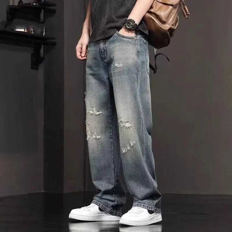 牛仔裤男American Style Men's Jeans New 2024 Summer Straight-Leg Loose-Fit Wide-Leg Casual Pants Ripped Style For Men