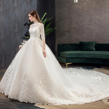 礼服女Customized Vestido De Noiva White Wedding Dress 2025 Three Quarter Sleeve Luxury Lace Floor or  Train Ball Gown Robe De Mariee