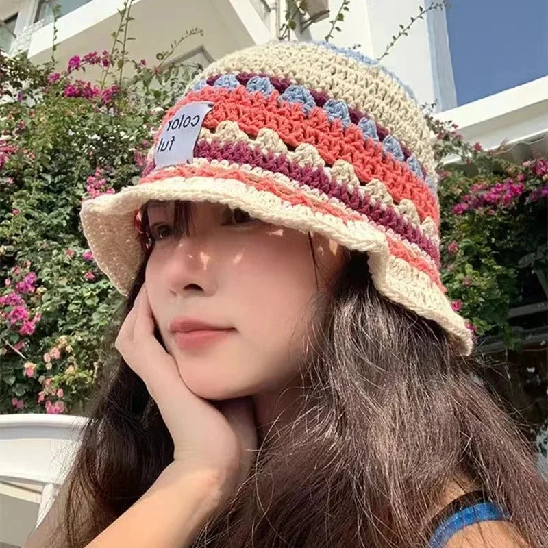 帽子女Japanese Contrasting Color Knitted Bucket Hat Women Sweet Cute Niche Spring Summer Crocket Beach Sun Bucket Hat