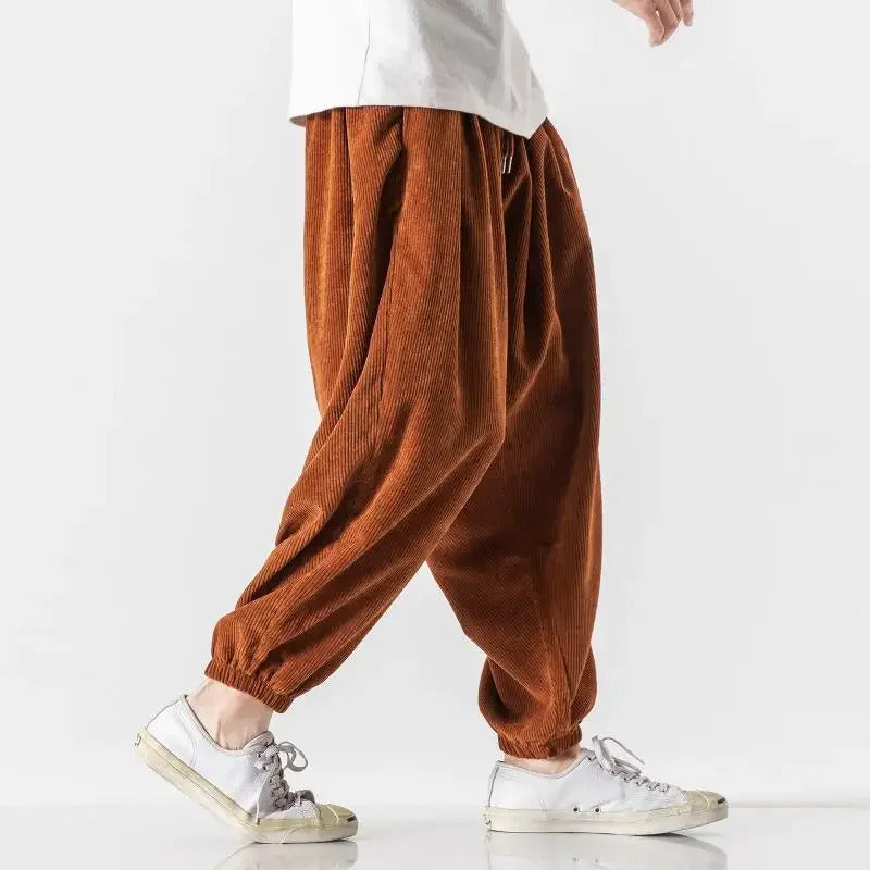 休闲裤男Loose-fit Corduroy Casual Pants For Men Trendy Bloomers Style Fat Men's Ankle-tied Trousers
