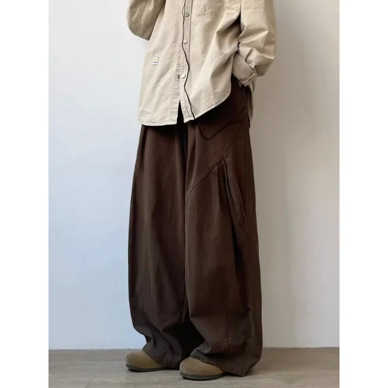休闲裤男Japanese Vintage Solid Color Work Casual Pants Men Spring Autumn New Loose-Fit Wide Leg Design Sensibility Wrinkled Versatile Lo