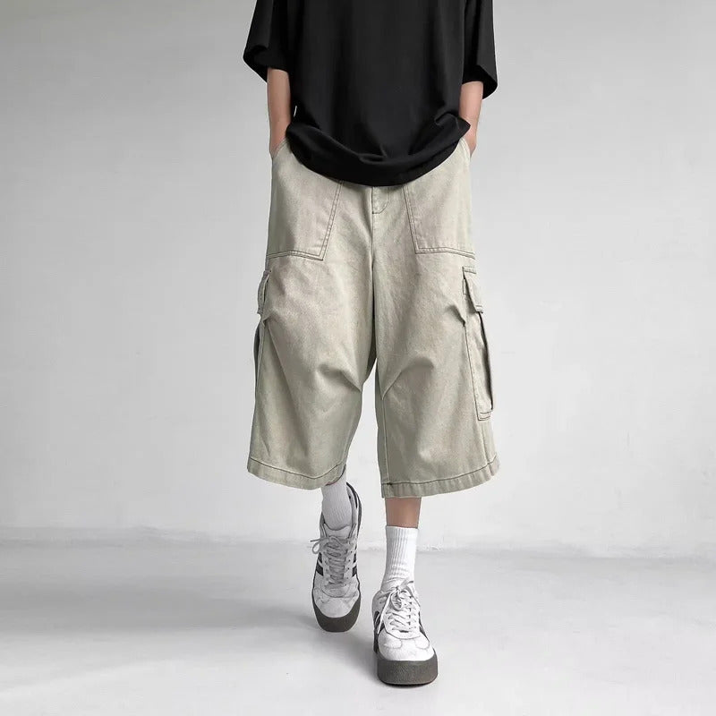 短裤男American Style Vintage Large Pocket Workwear Seven-Half Pants Men Summer Straight-Leg Loose-Fit Wide-Leg Versatile Casual Shorts
