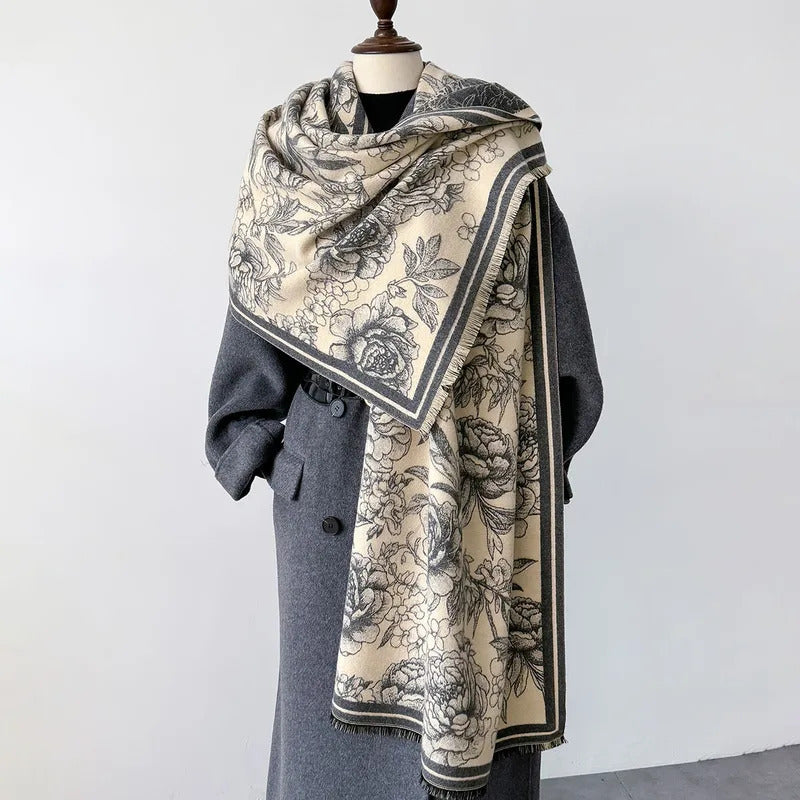 丝巾女Luxury Floral Print Cashmere Scarf for Women Winter Poncho Warm Thick Pashmina Bufanda Female Hijab Lady Shawl and Wrap Blanket