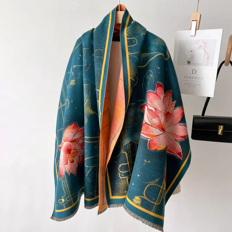 丝巾女2024 New Luxury Floral Print Cashmere Scarfs for Women Winter Thick Warm Pashmina Wraps Shawls Female Bufandas Poncho Blankets