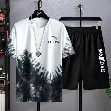 男士套装Men's Casual Sports Suit 2024 Summer New Style Cool Matching Shorts Korean Version Loose-fit Ice Silk Short Sleeves