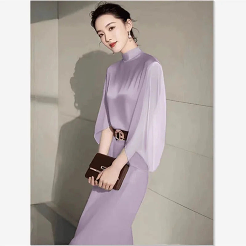 商务装女French Elegant Women's Party Outfits Autumn New Fashion Stand Collar Blouse + Temperament Bag Hip Midi Skirt Suit 2Pcs Set 433P
