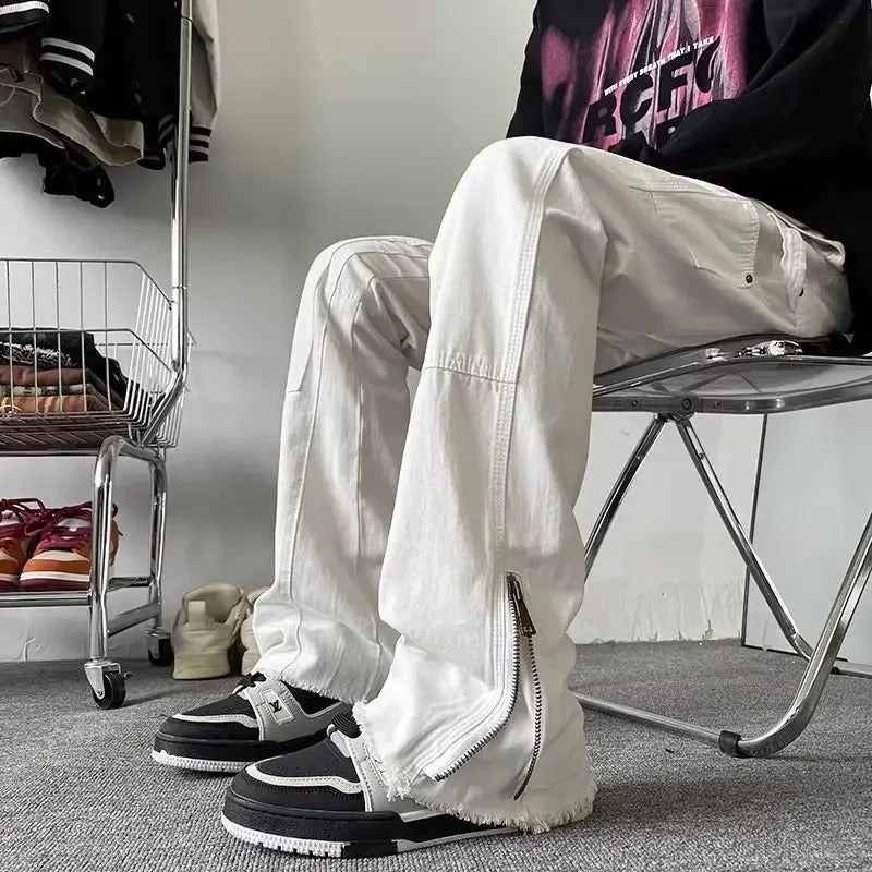 休闲裤男Trendy White Denim Jeans Loose-Fit Casual Pants Wide-Leg American Style Street Function Bootcut Pants For Men