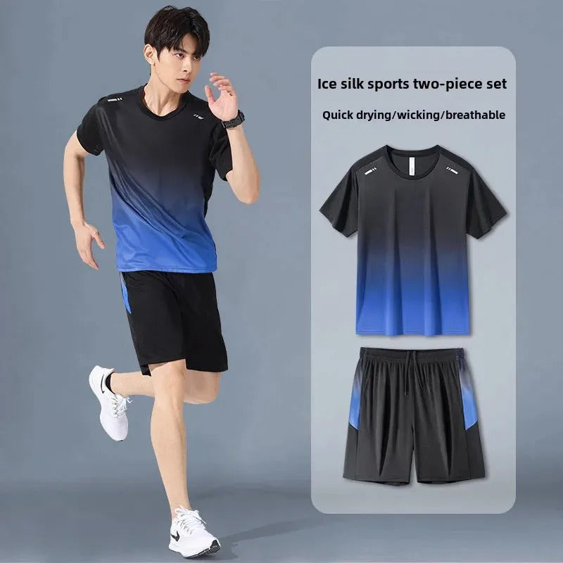 男士套装Men's Fitness Clothes Ice Silk Short Sleeves T-Shirt Quick Dry Summer Sports Suit Basketball Morning Running Shorts Training Roo