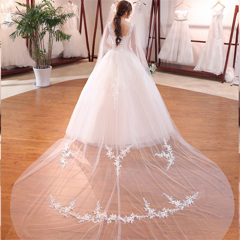 礼服女Y&M Novias New Style  Beautiful Detachable Shawl Train Wedding Dresses Appliques Sweet O-Neck Lace Appliques Vestidos de Noiva