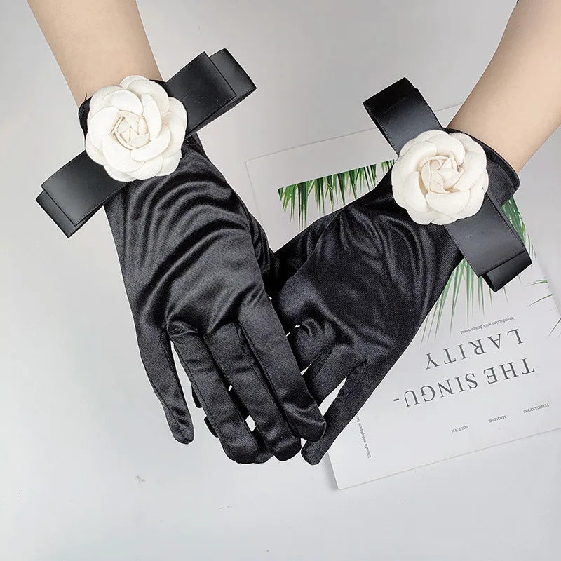 防晒手套女Women Wedding Dress Etiquette Performance Short Elastic Spandex Glove Bride Bow Camellia Flower Dance Party Professional Mitten