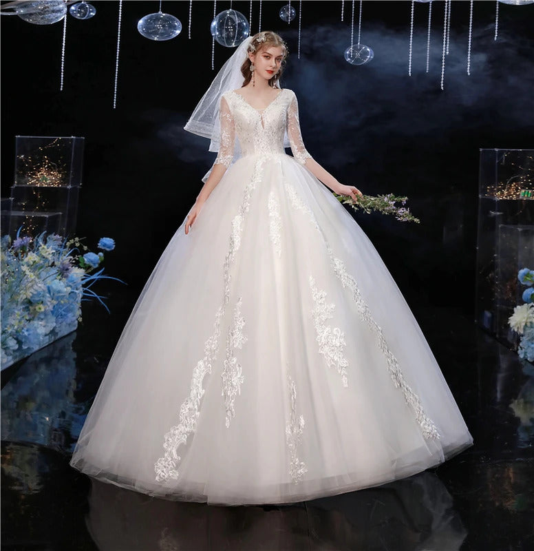 礼服女Y&M Novias Sweet White Wedding Dress Newest V Neck Lace Half Sleeve Lace Appliques Customized Wedding Gown for Bride Real Photo