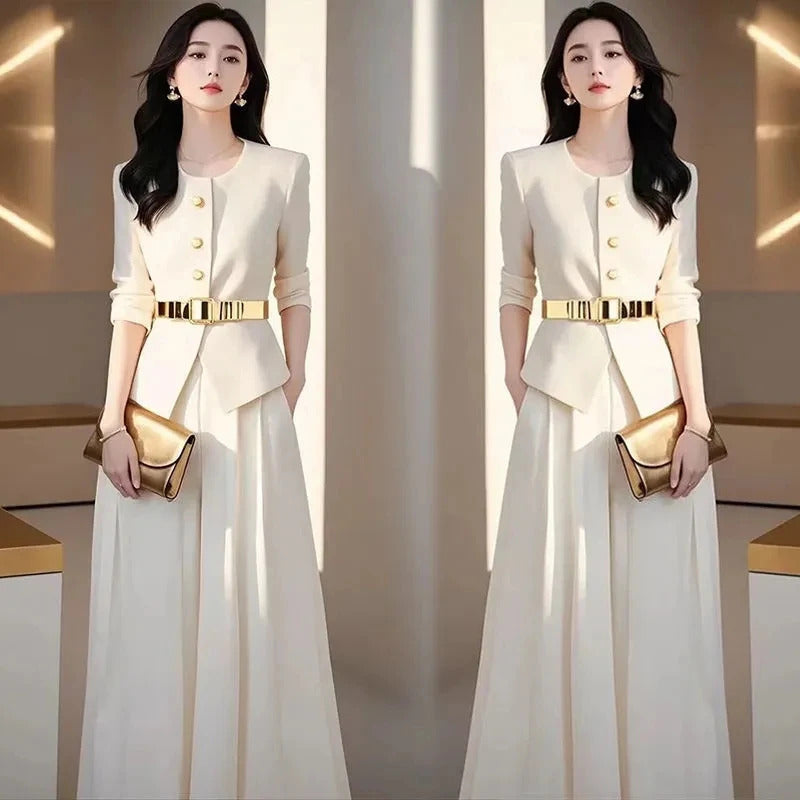 商务装女Spring Autumn New Office Lady Professional Suit O-neck Short Coat High Waist Wide Leg Pants Women's Solid Color Two Piece Set