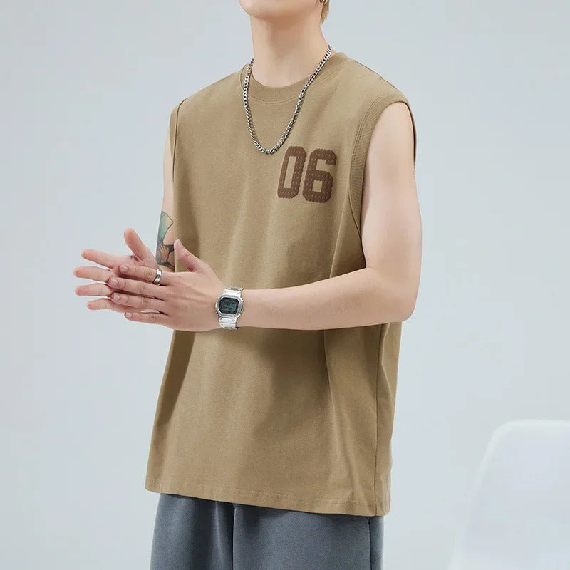 男士背心2024 Spring Summer Heavy Duty Sport Shoulder Vest T-Shirt Men's Plus Size Sleeveless Short Sleeves Versatile Simple T-Shirt