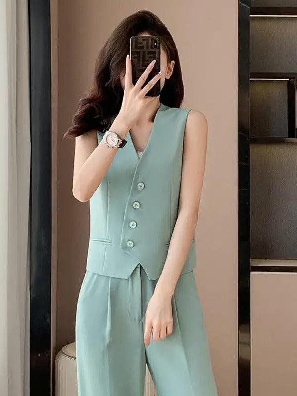 商务装女Women Black White Sleeveless Single Breasted Blazer Vest Coat And High Waist Wide Leg Pant Blue Two Piece Sets 2024 New Summer