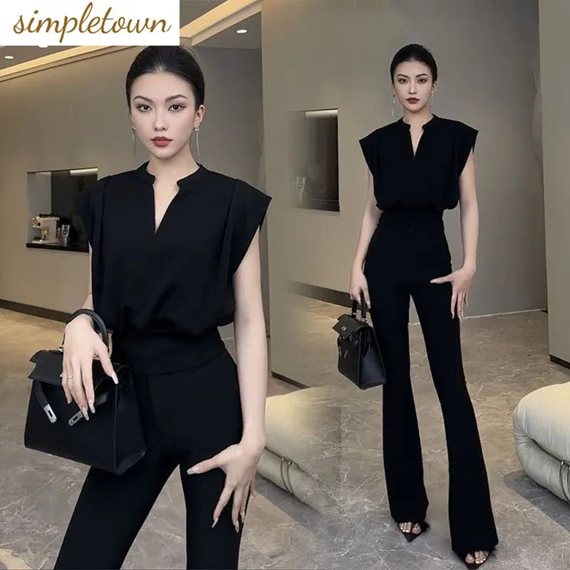 商务装女Women's Set Korean Summer Casual Fashion V-Neck Slim Versatile Sleeveless T-shirt Age Reducing Casual Pants Two Piece Set