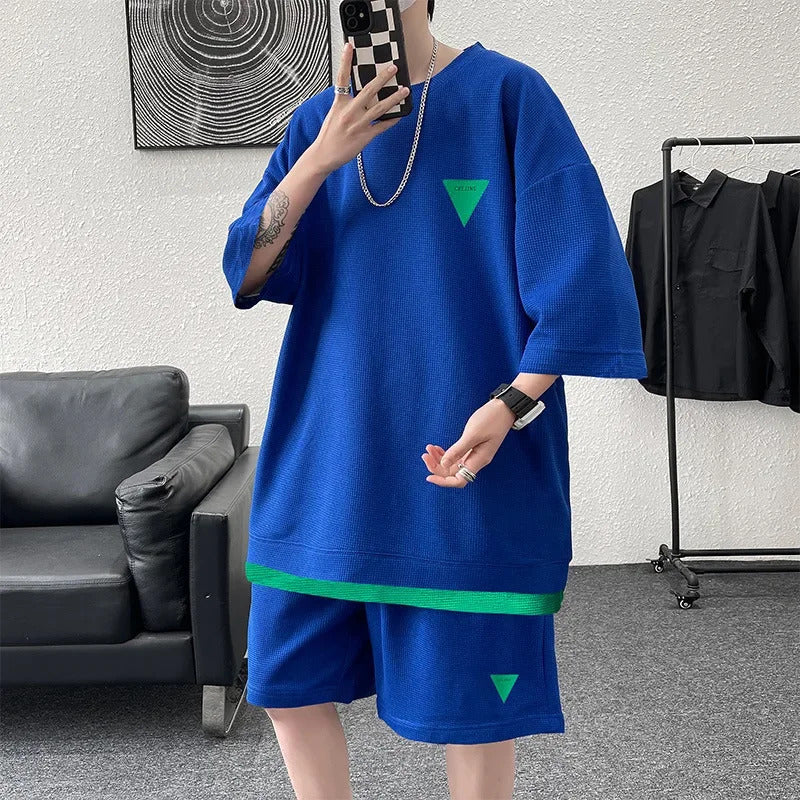 男士套装Casual Loose-fit Men's Fashion Short Sleeve Checkered Suit Trousers Summer Sporty Style Cross-border Walf Checked Blazer