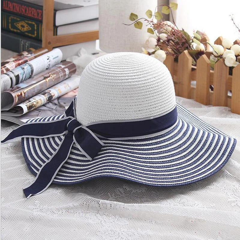 帽子女2019 Hot Sale Fashion Hepburn Wind Black White Striped Bowknot Summer Sun Hat Beautiful Women Straw Beach Hat Large Brimmed Hat