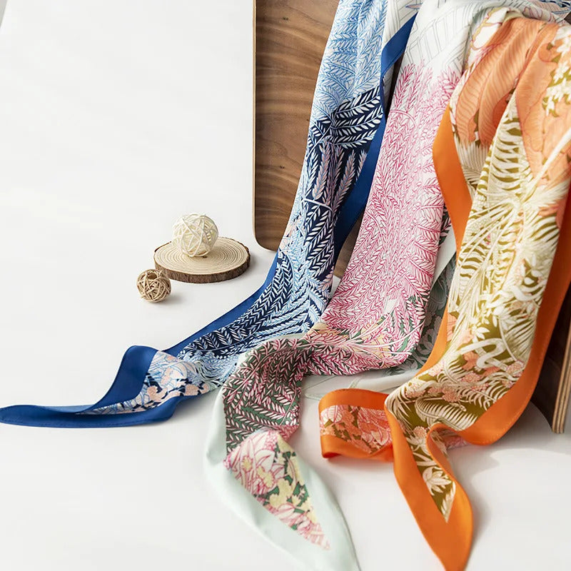 丝巾女Retro Satin Silk Hair Ribbon Scarf for Women Charming Flower Skinny Scrunchies Hairbands Neckerchief Wrist Wrap Neck Tie 2023