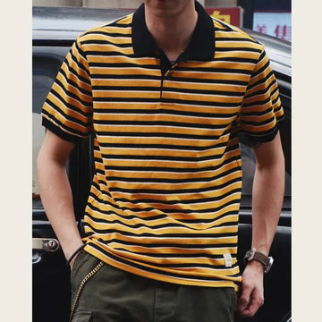 POLO男Summer Vintage Lapelt Men's Polo Shirt Pure Cotton Half Sleeves Striped Casual Shirt Loose Fit Casual Clothing
