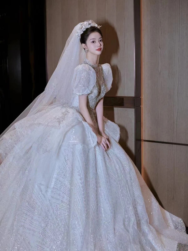 礼服女Sweet Square Collar Satin Wedding Dress Plus Size Custom Luxury Pearls Bridal Ball Gown Vestido De Noiva Floor Or Train