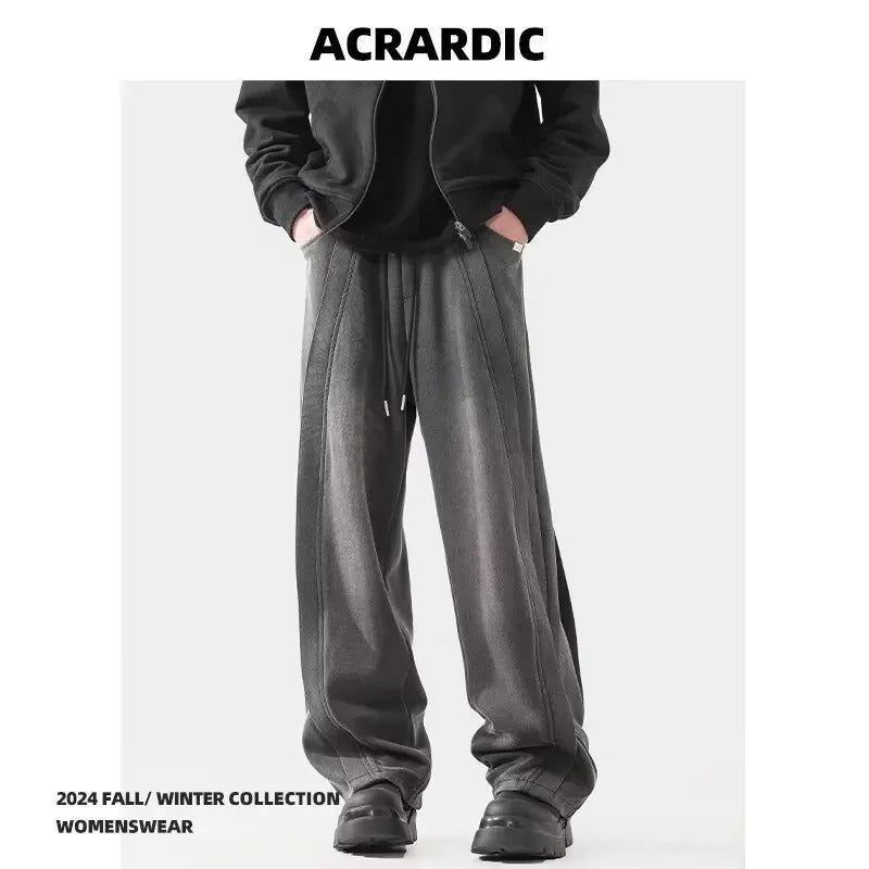 牛仔裤男American Style Vintage Men's Loose-Fit Straight-Leg Casual Pants Trendy Brand Irregular Design Bell Bottoms Washing Denim Pants